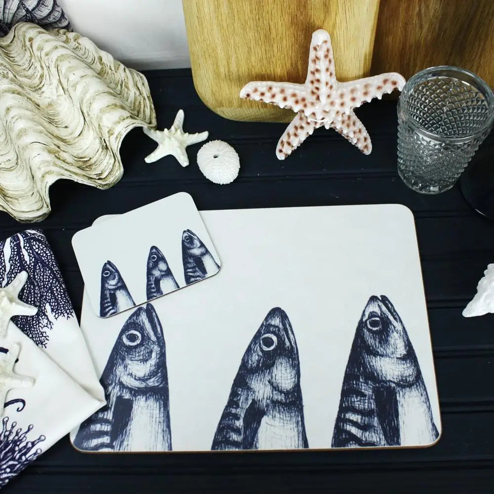 Blue and White Mackerel Heads Design Placemat - Cream Cornwall