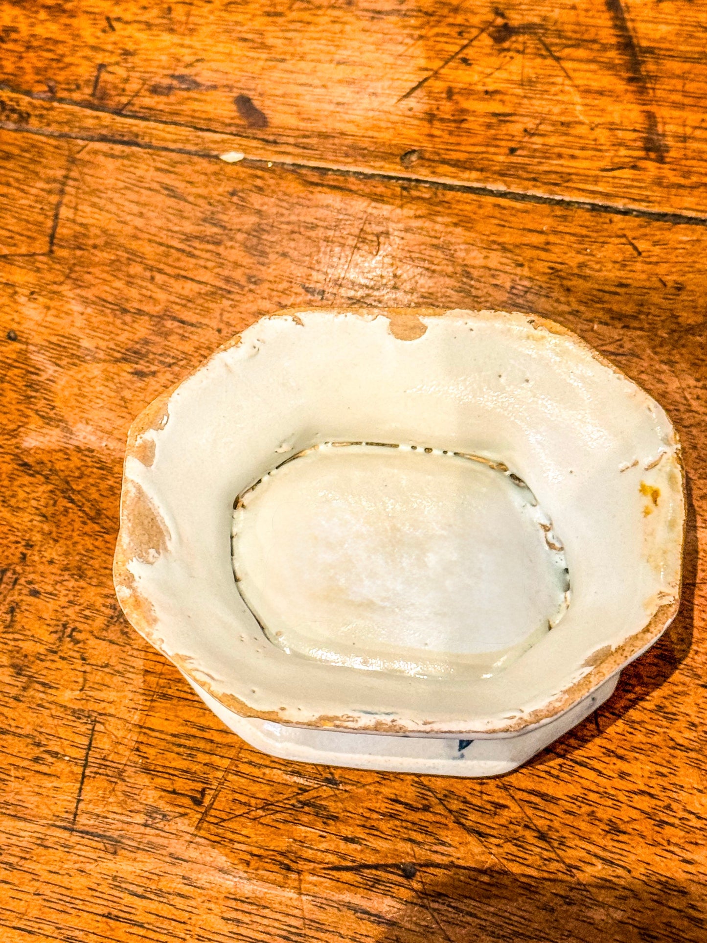 English Delftware Blue & White Salt Cellar, c.1750 – 18th Century Hand Painted Octagonal Dish