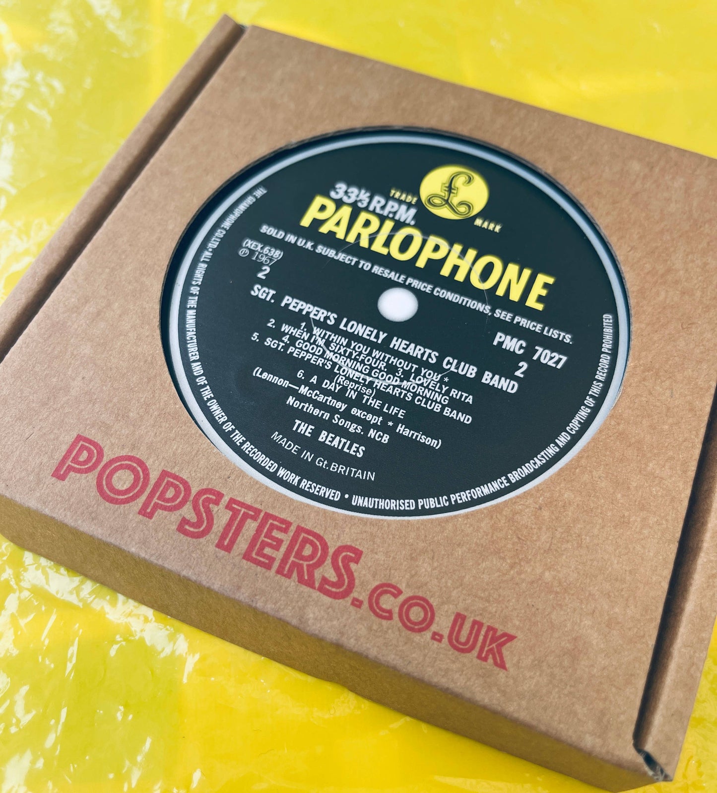 Beatles Record label coasters. 5 in a box. Popsters.