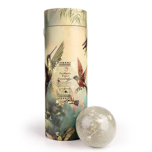 Hummingbird Peony scented bath bomb 100g with decorative botanical gift tube featuring hummingbirds and forest illustrations.