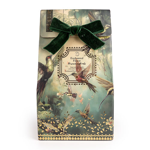 Hummingbird Peony scented bath salts 500g in Enchanted Forest botanical gift box with dark green velvet bow.