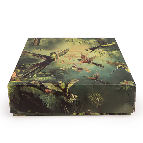 Enchanted Forest Hummingbird hand care Christmas gift box featuring botanical and tropical bird illustrations