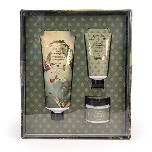 Candlelight Hummingbird Peony three-piece hand care gift set with hand cream, hand scrub and cuticle cream.