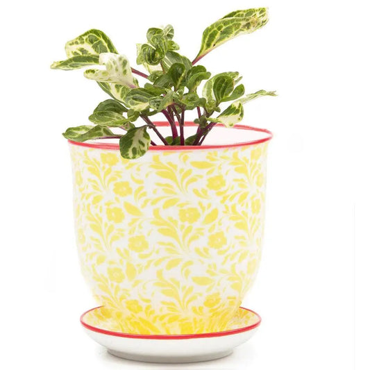 Liberte Porcelain Pot and Saucer with Drainage - Yellow Flowers ceramic - Small