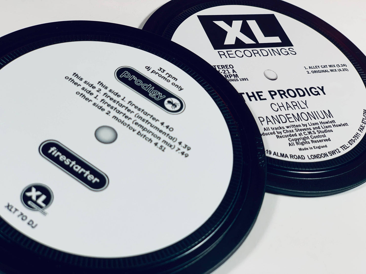 Prodigy. Charly and Firestarter. 2 record label coasters.