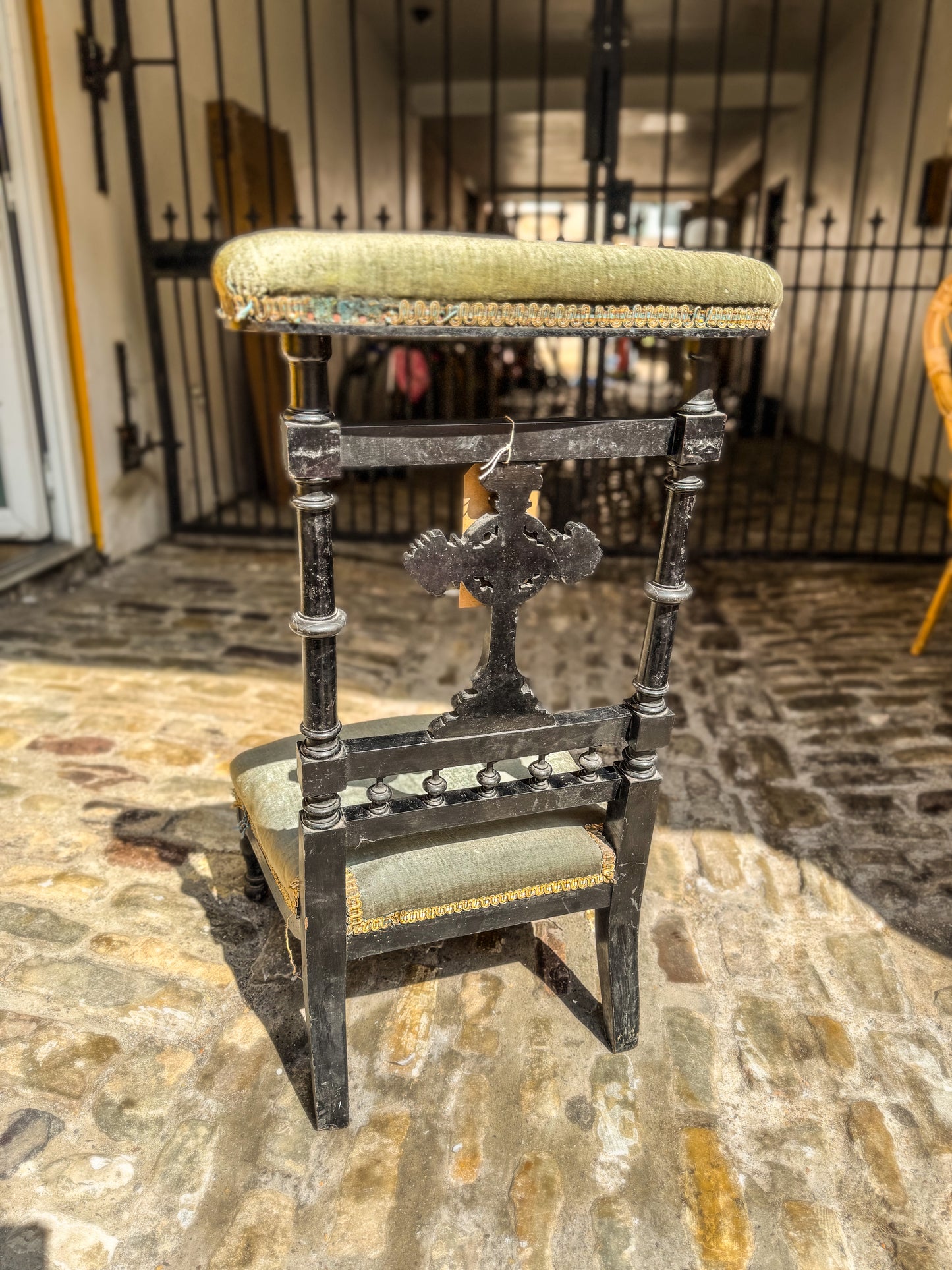 Antique 19th Century Prie Dieu Prayer Chair - Green Velvet and Ebonised Wood