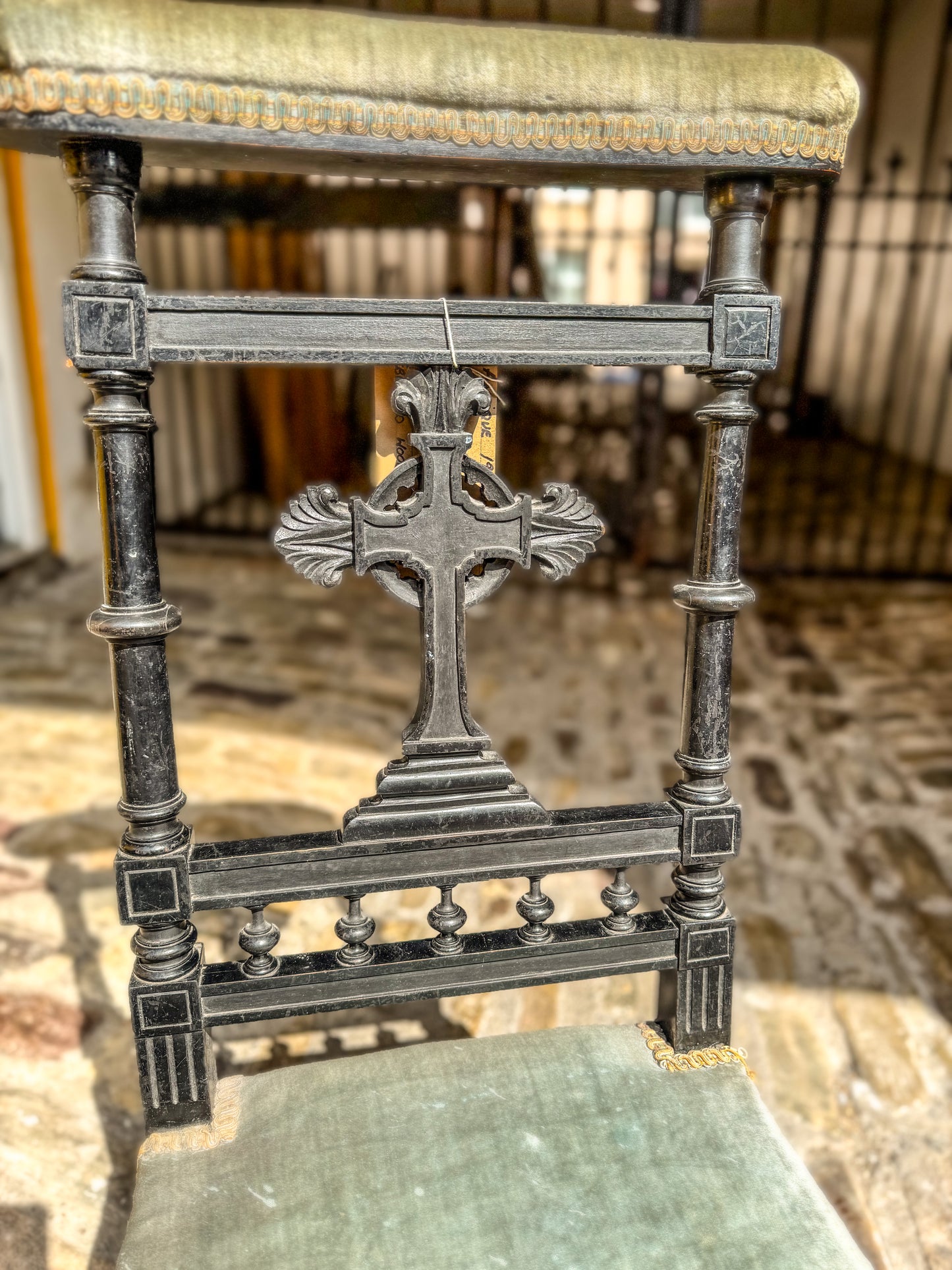 Antique 19th Century Prie Dieu Prayer Chair - Green Velvet and Ebonised Wood