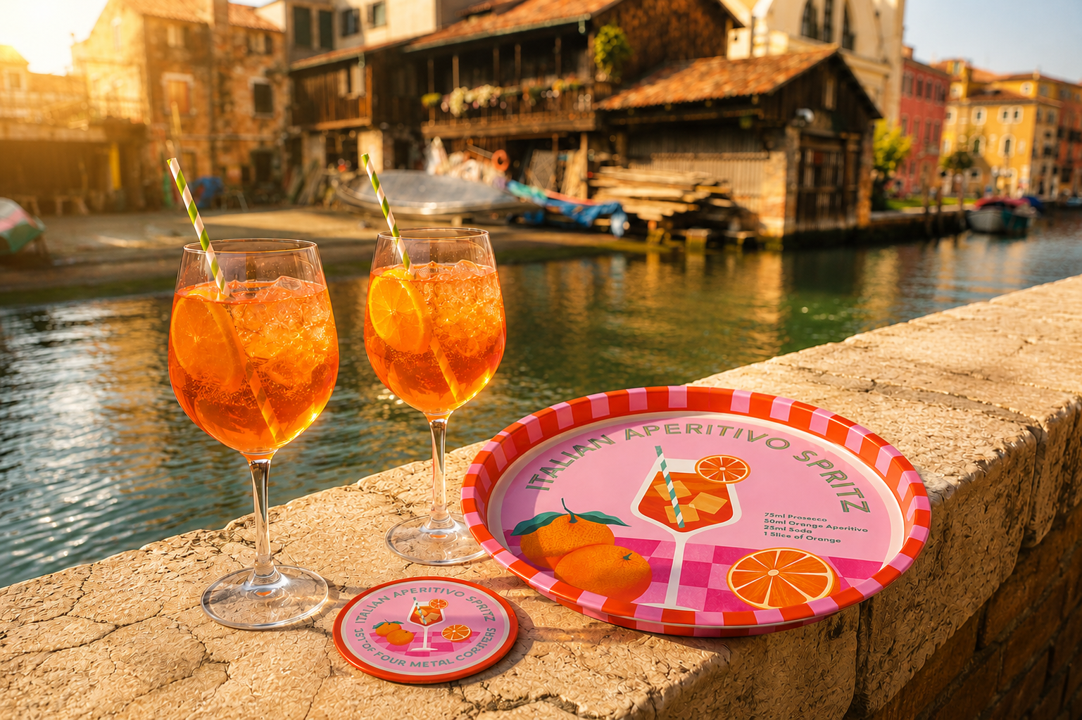 Aperitivo Spritz Round Metal Serving Tray and coaters