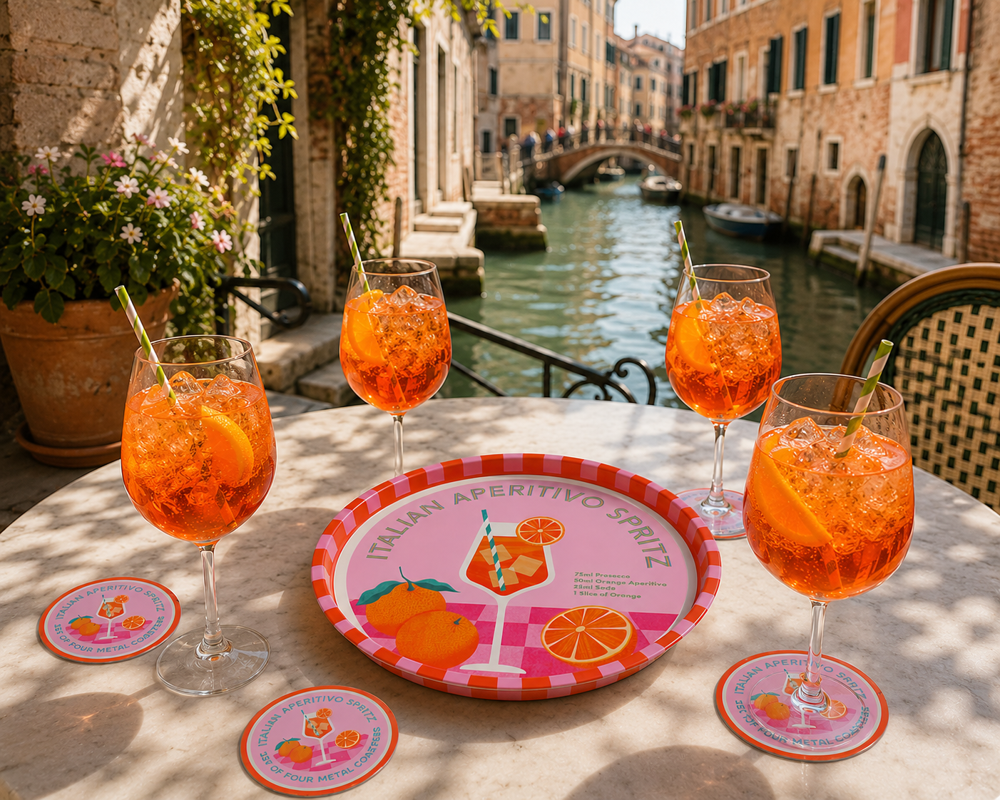 Aperitivo Spritz Round Metal Serving Tray and coaters 2