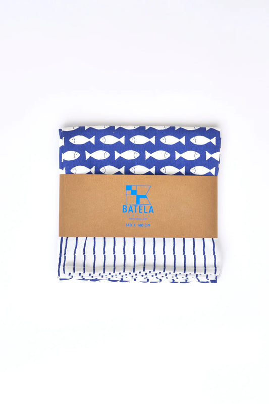 Batela Fish Print Cotton Tablecloth – Nautical Blue & White#1