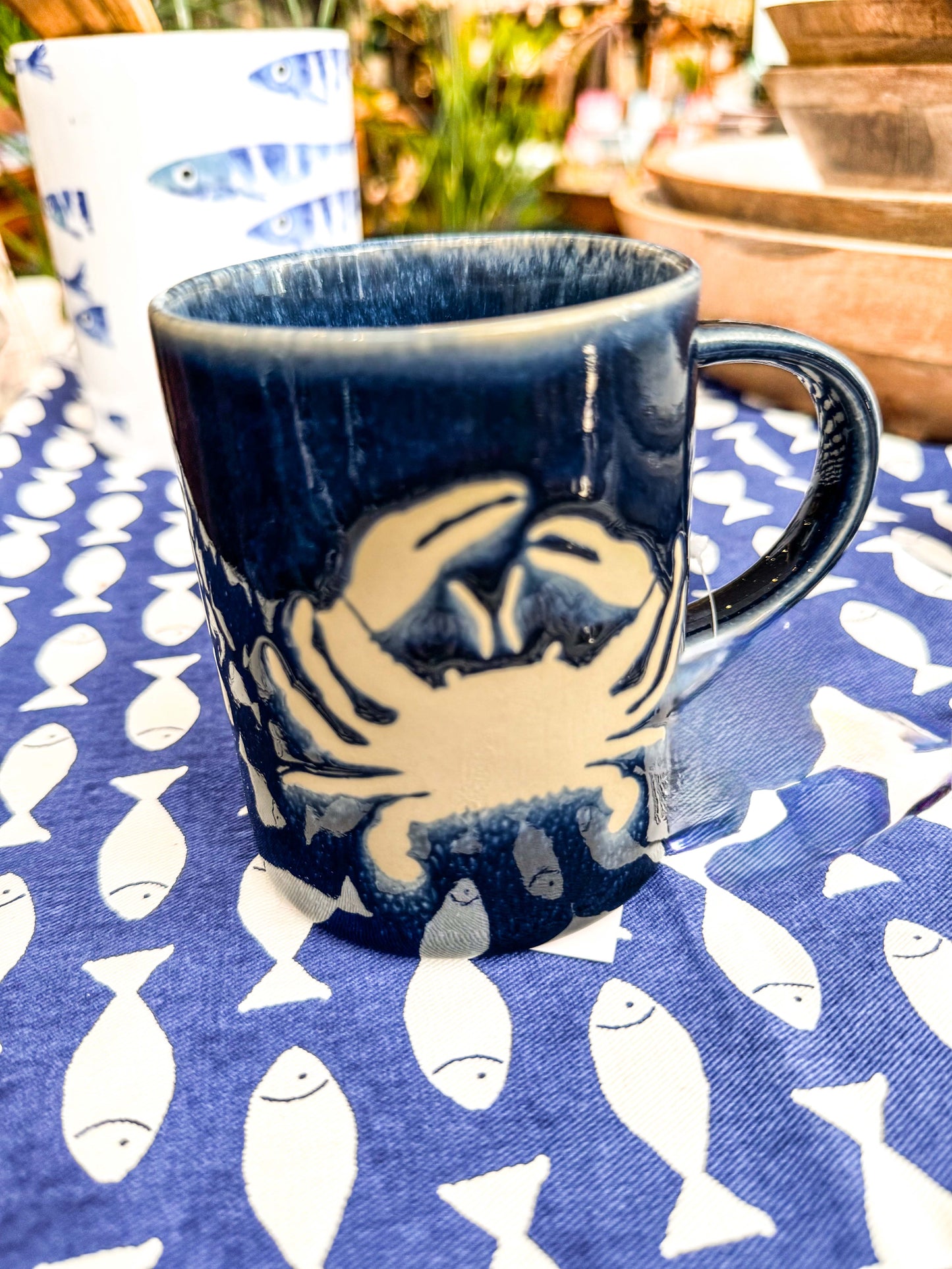 Blue and White Crab Stoneware Mug