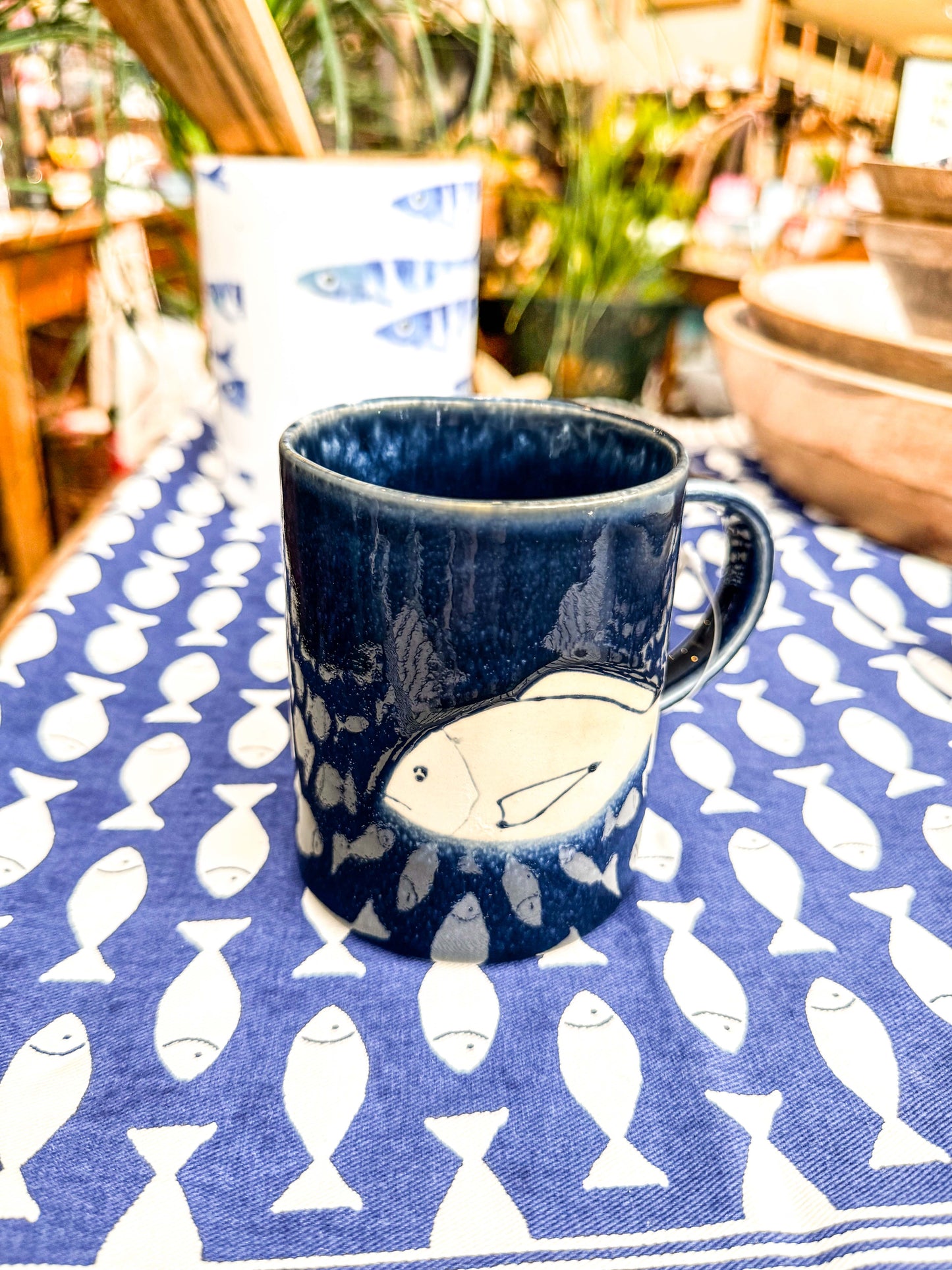Blue and White Fish Stoneware Mug  situ