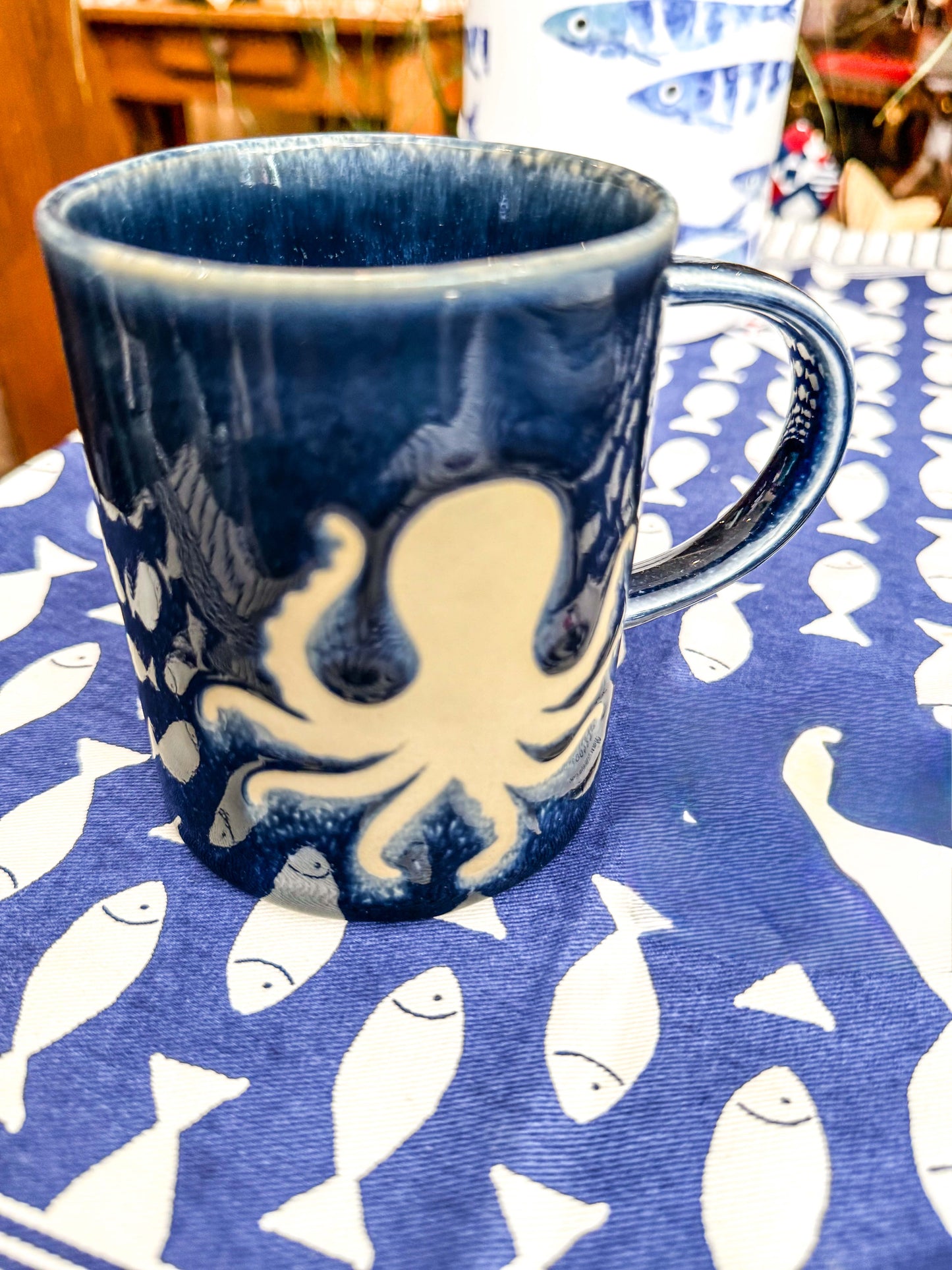 Blue and White Octopus Stoneware Mug situ