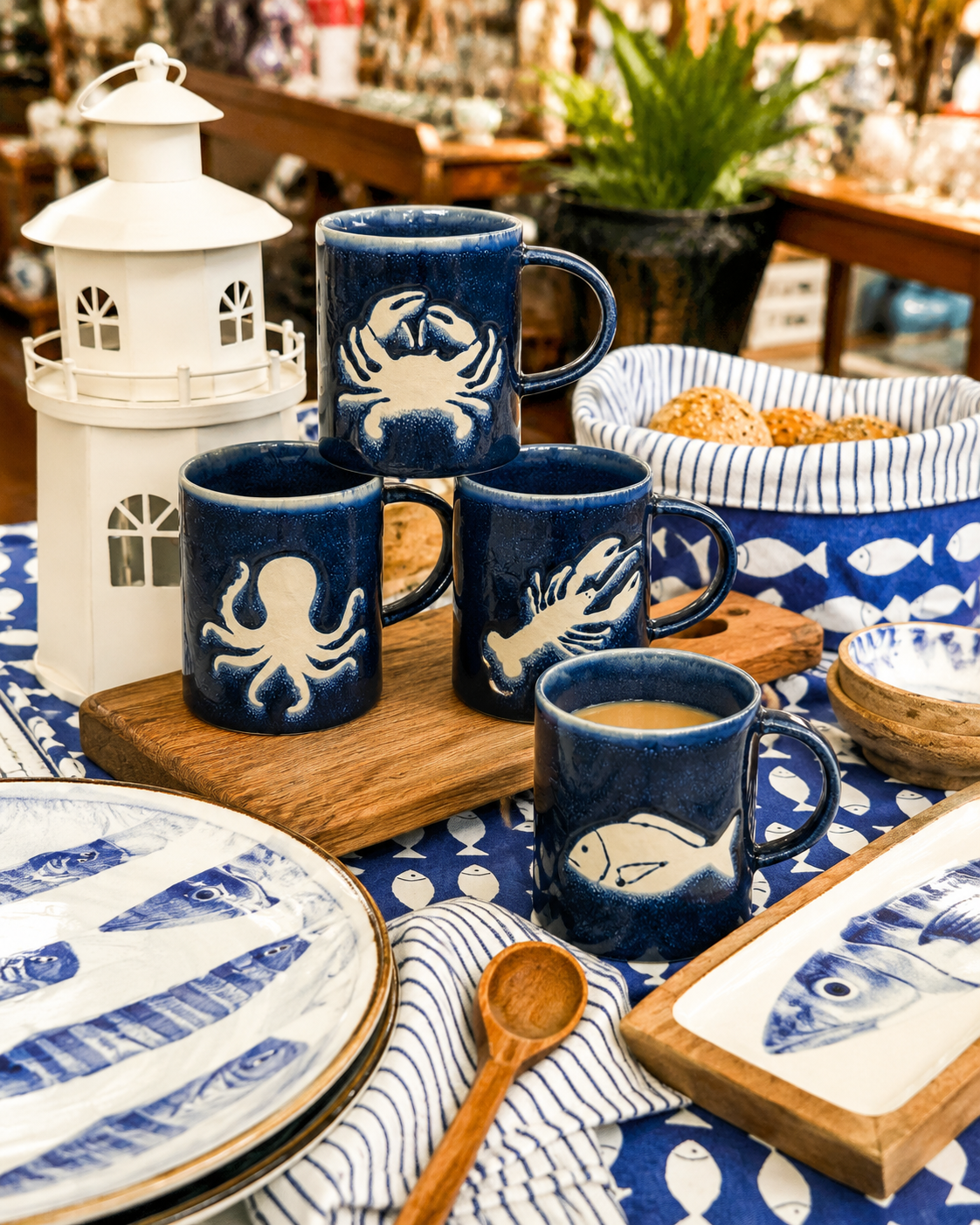 Blue white stoneware mugs