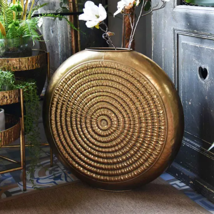 Candelight Oval Embossed Metal Vase - Antique Gold