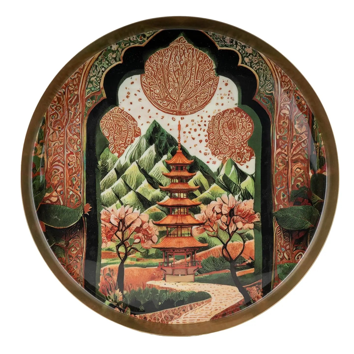 Candlelight Samarkand Metal Tray – Antique Gold Round Decorative Tray