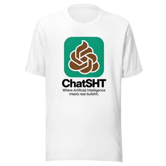 ChatSHT funny AI white unisex T-shirt with full-colour graphic logo