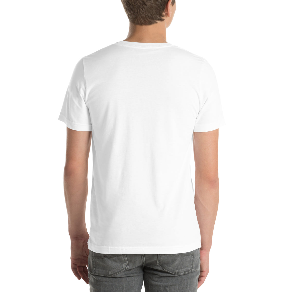 ChatSHT funny AI white unisex T-shirt with full-colour graphic logo back model