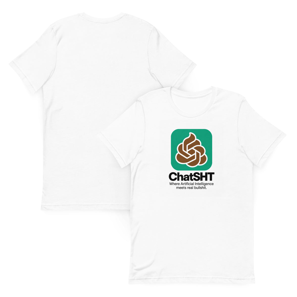 ChatSHT funny AI white unisex T-shirt with full-colour graphic logo front and back