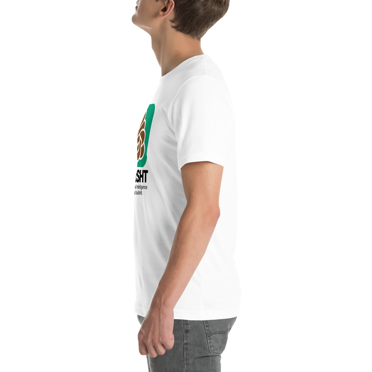 ChatSHT funny AI white unisex T-shirt with full-colour graphic logo front model