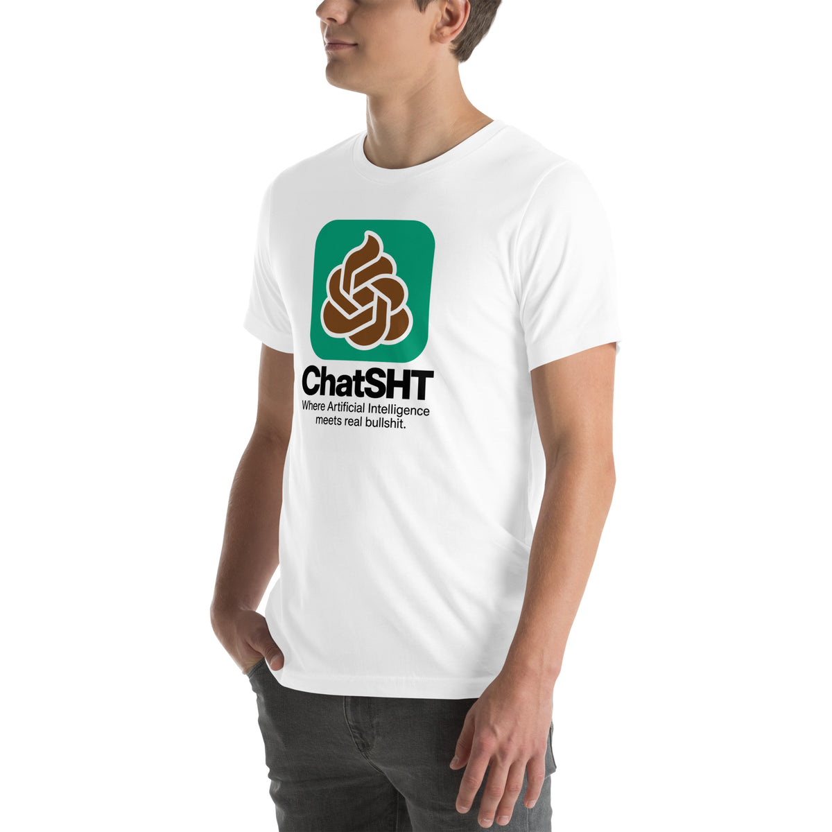 ChatSHT funny AI white unisex T-shirt with full-colour graphic logo front model 2