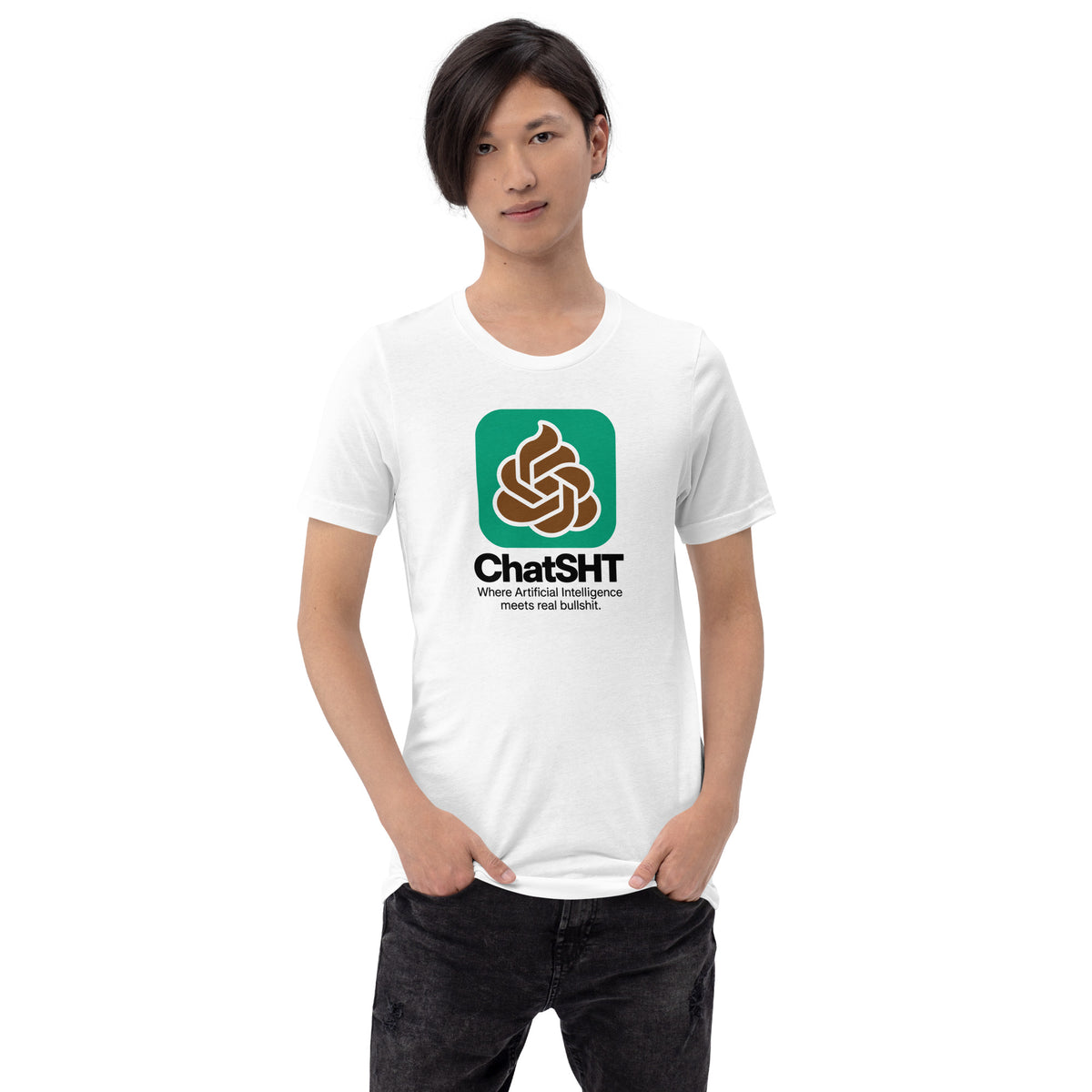 ChatSHT funny AI white unisex T-shirt with full-colour graphic logo front model female