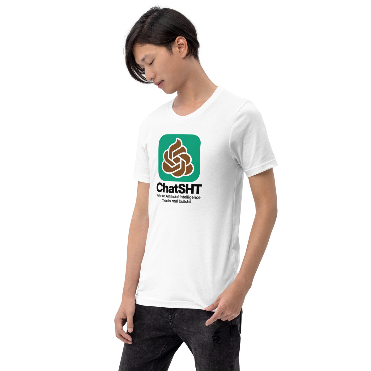 ChatSHT funny AI white unisex T-shirt with full-colour graphic logo front model female 3