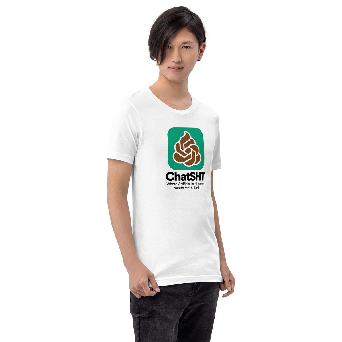ChatSHT funny AI white unisex T-shirt with full-colour graphic logo front model female 4