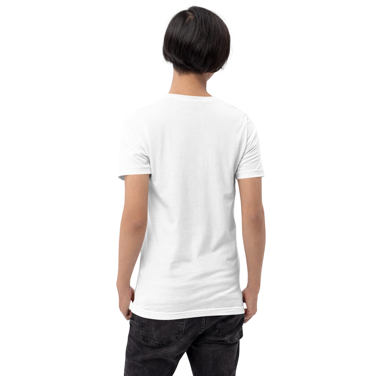 ChatSHT funny AI white unisex T-shirt with full-colour graphic logo back model female 