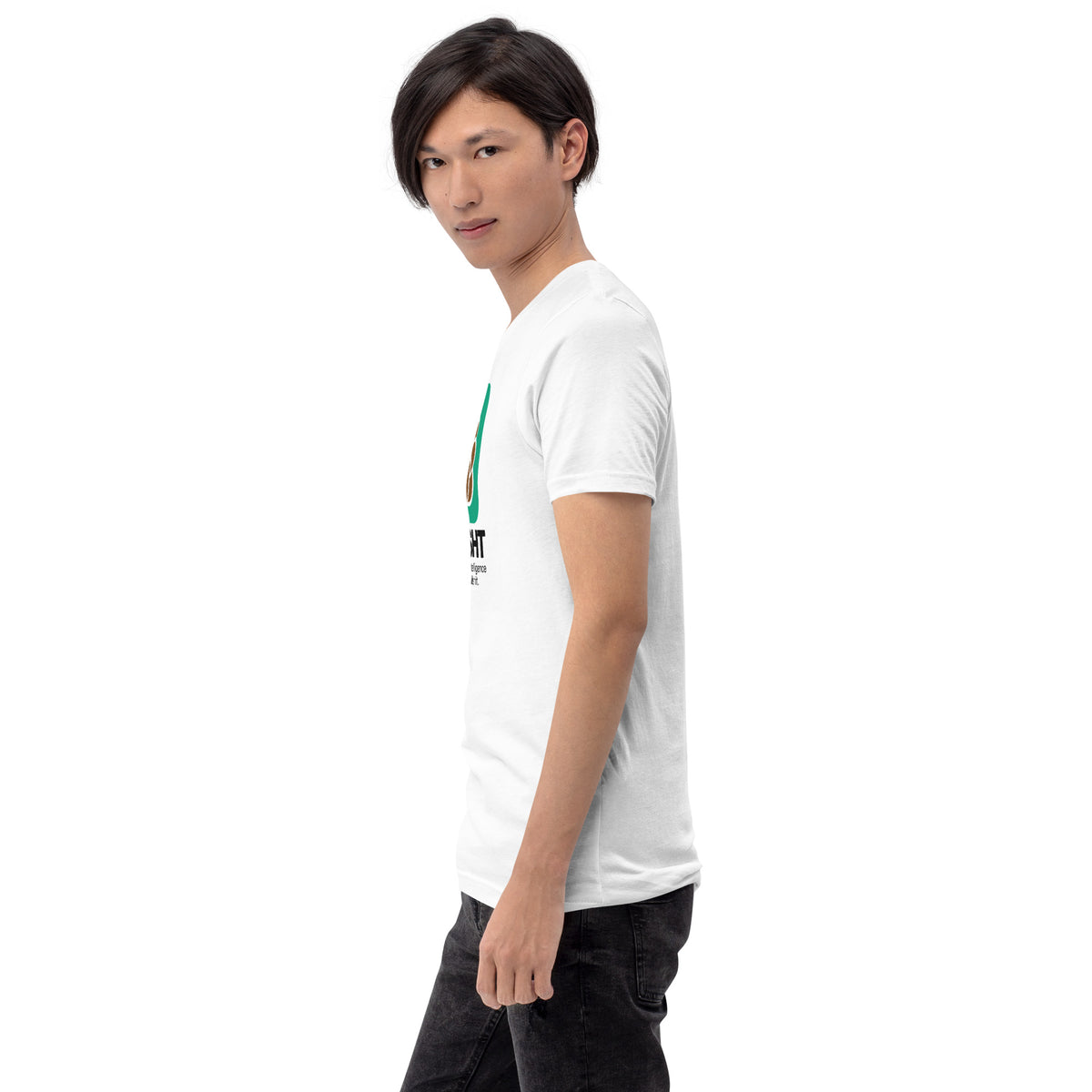 ChatSHT funny AI white unisex T-shirt with full-colour graphic logo model female side