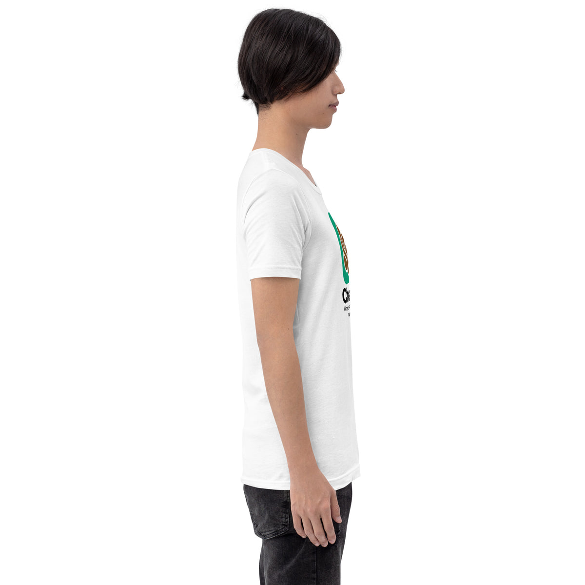 ChatSHT funny AI white unisex T-shirt with full-colour graphic logo side model female 2