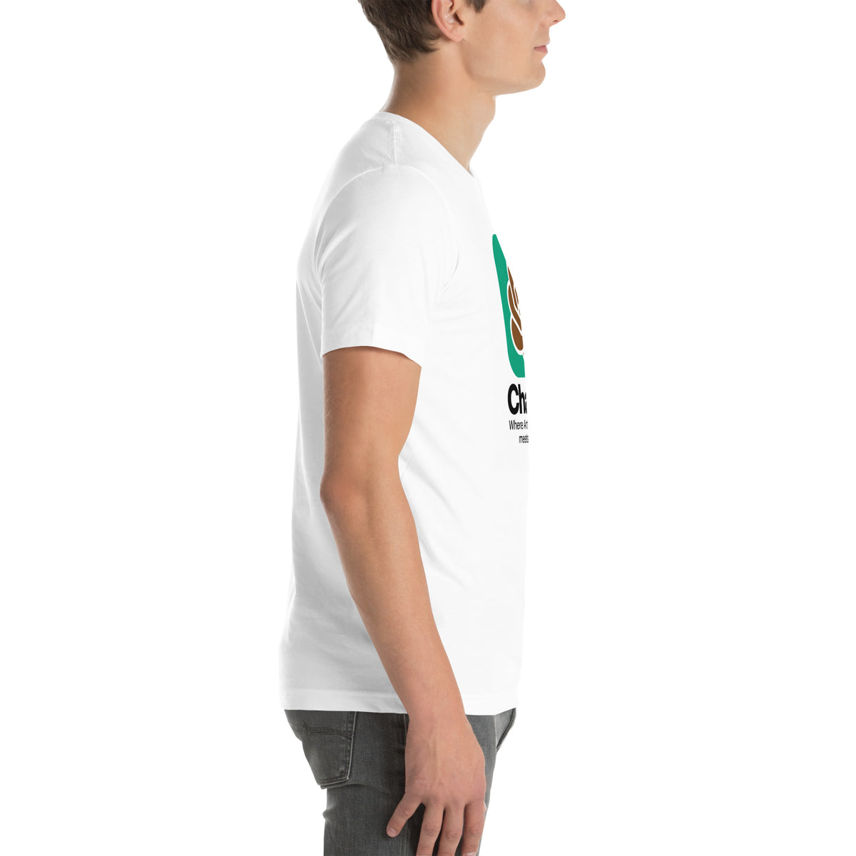 ChatSHT funny AI white unisex T-shirt with full-colour graphic logo side model