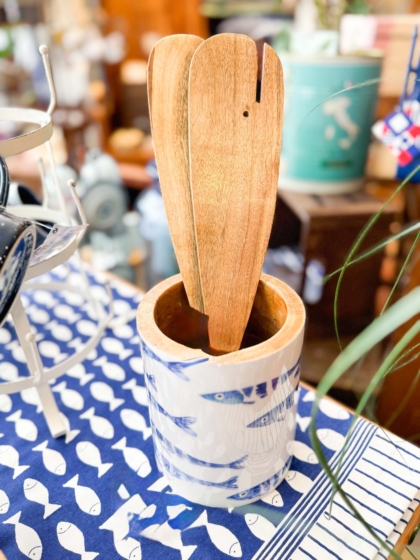 Enamelled Wooden Cutlery Container – Blue and White Fish Design