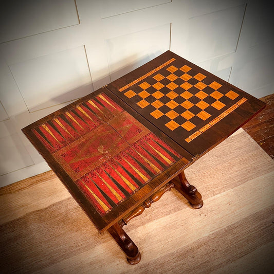 Folding Regency Chess and Backgammon Rosewood Games Table with Split Swivelling Top