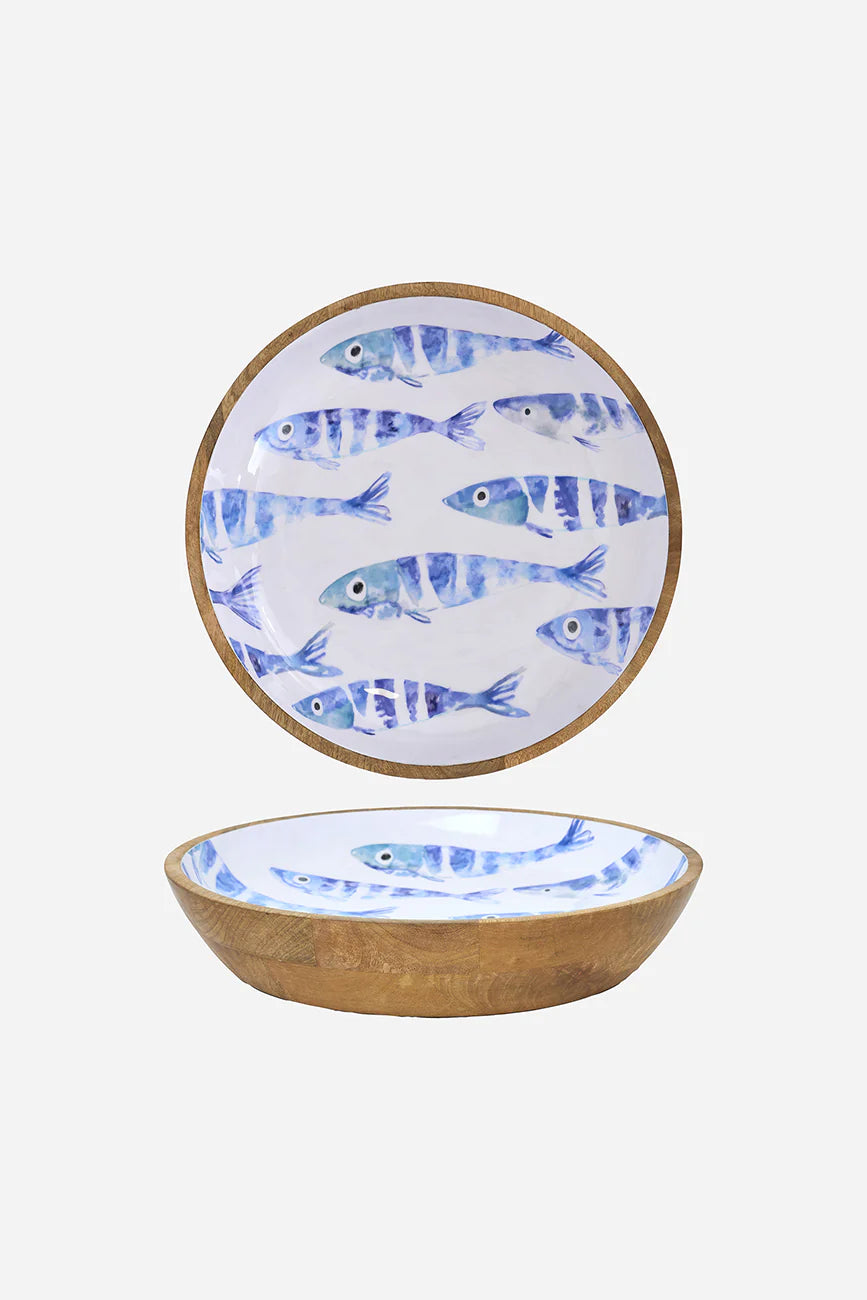 Enamelled Large Wooden Bowl – Fishbone Design#1