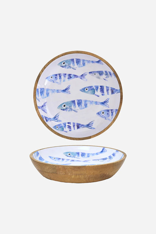 Enamelled Large Wooden Bowl – Fishbone Design#1
