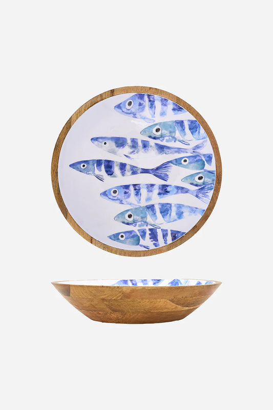 Enamelled Meduim Wooden Bowl – Fishbone Design#1