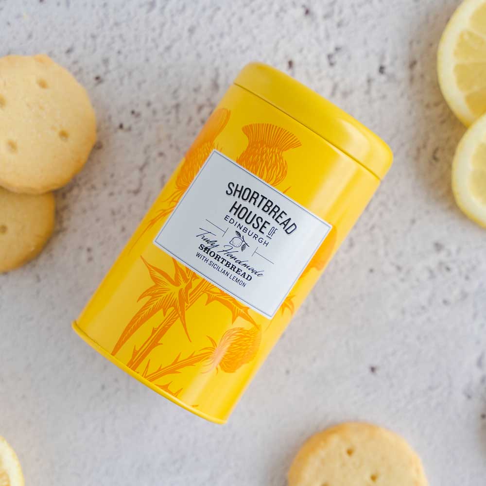 Handmade Traditional Shortbread Biscuits – 140g Gift Tin - with Mediterranean Lemon side