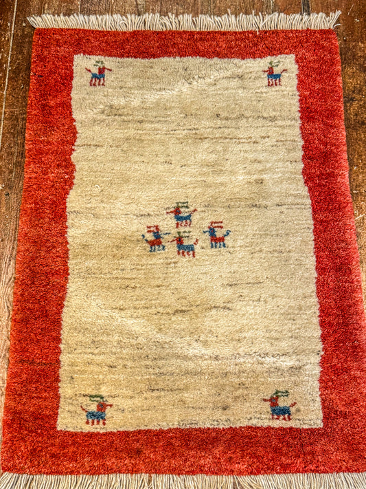 Handwoven Persian Gabbeh Wool Rug 89x66cm Cream with Small Motifs and Rust Border
