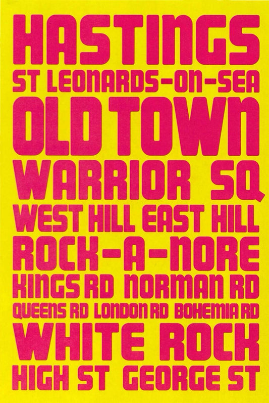 Hastings Poster Red On Yellow - A4, A3, A2