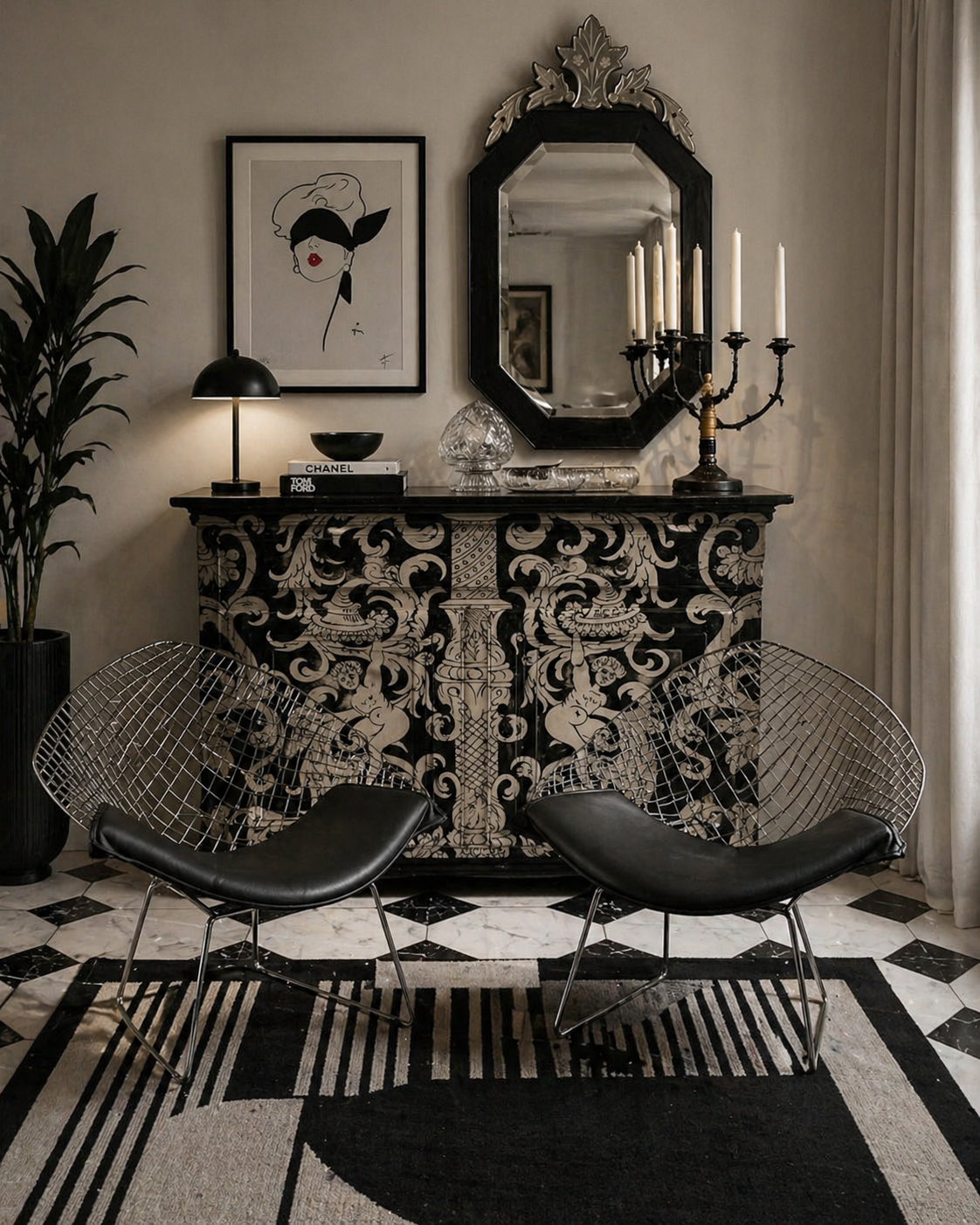 Hand-painted 19th Century Black and White  'Grotesque' French Buffet/Cabinet by Melissa White