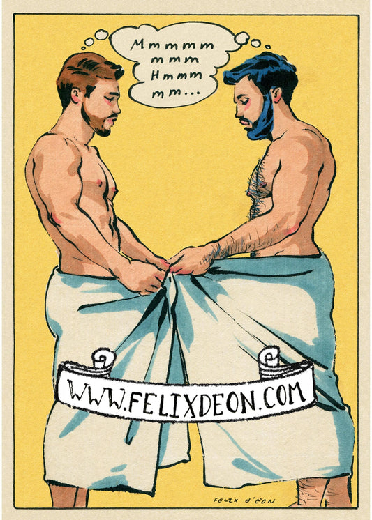 Two men holding a towel with against a yellow background.
