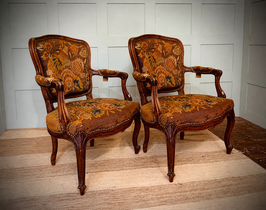 Pair of 19th Century French Louis XV Style Fauteuils (Armchairs) -Original Covers 1
