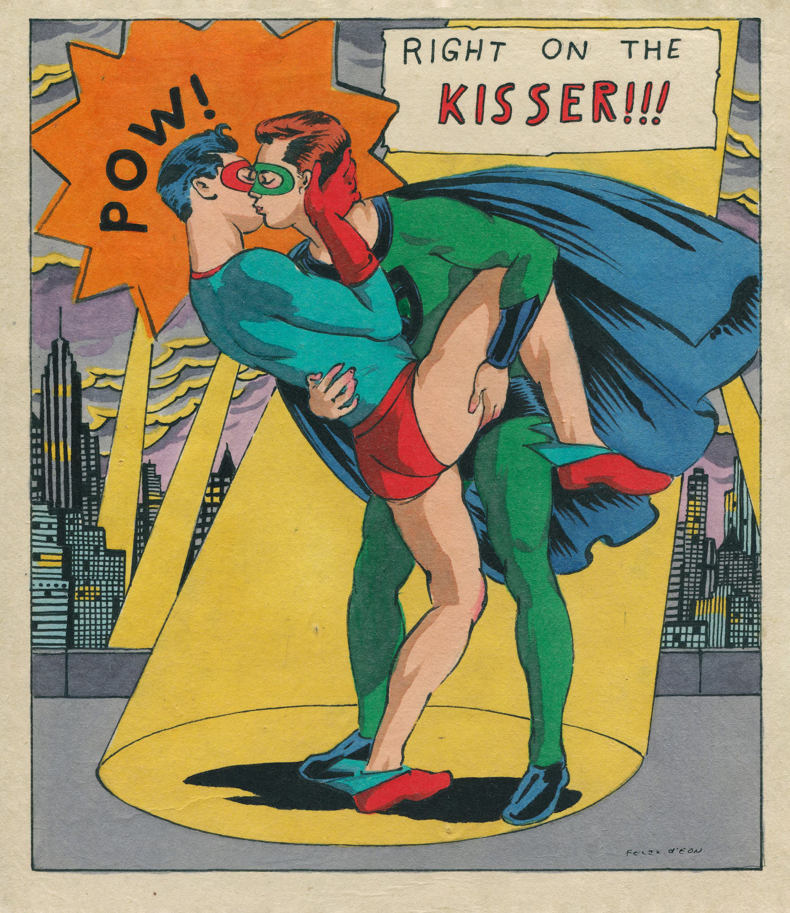 Comic book-style illustration of two superheroes embracing with a cityscape background.