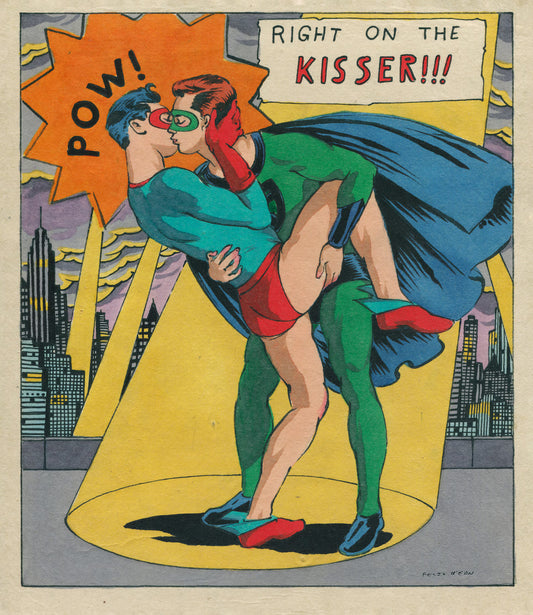 Comic book-style illustration of two superheroes embracing with a cityscape background.
