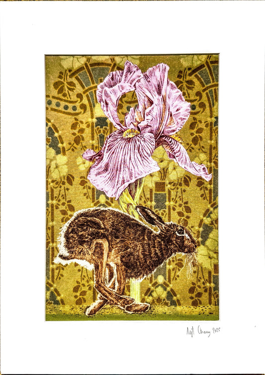 Running Brown Hare with Lilac Flower – Textile Print (30 x 40 cm) by Nigel Cheney