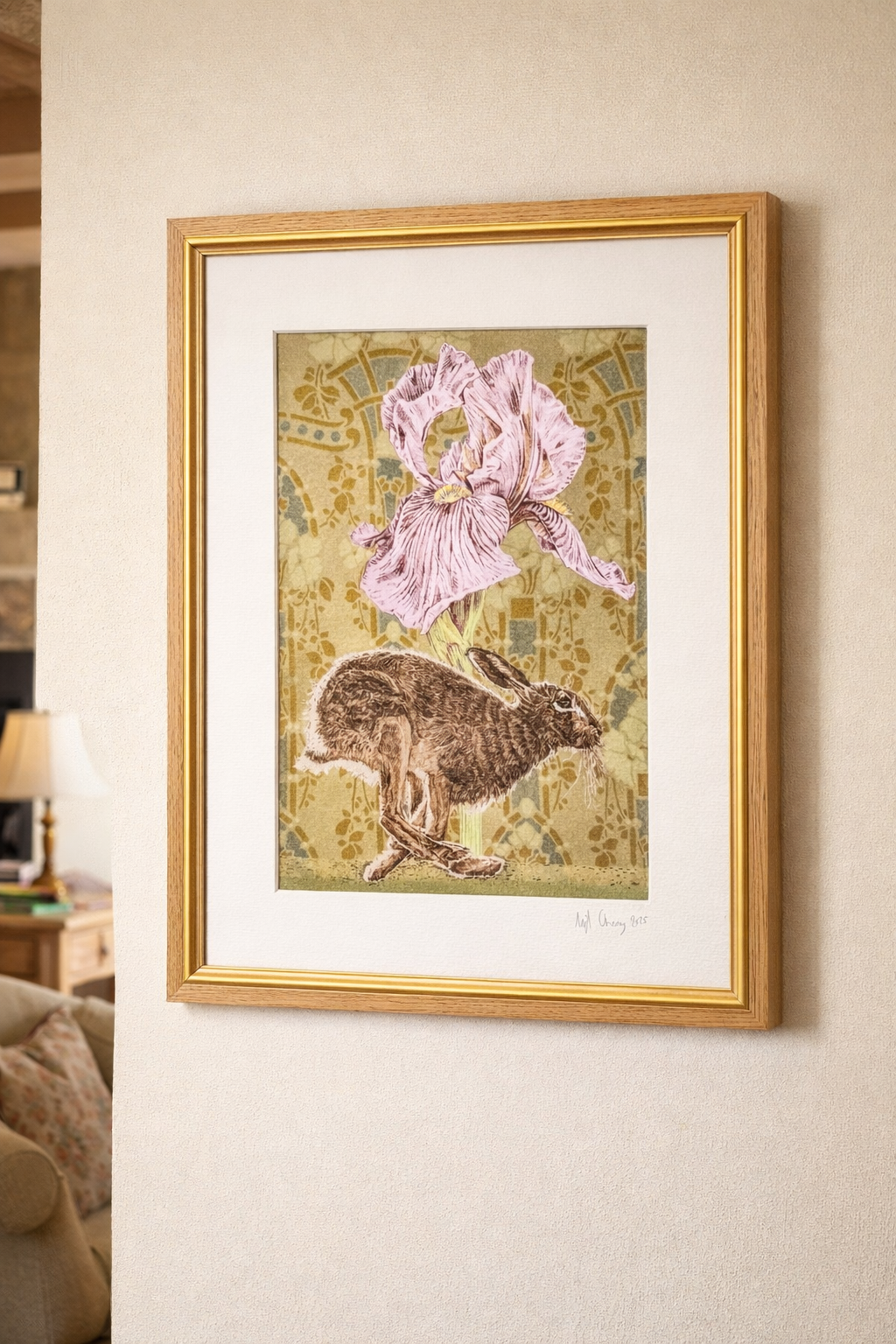 Running Brown Hare with Lilac Flower – Textile Print (30 x 40 cm) by Nigel Cheney in situ
