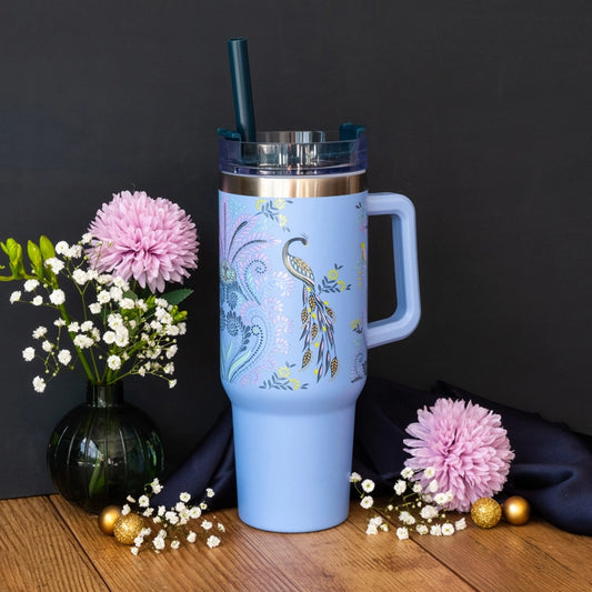 Sara Miller Peacock Filigree 40oz Insulated Travel Tumbler with Handle & Straw1