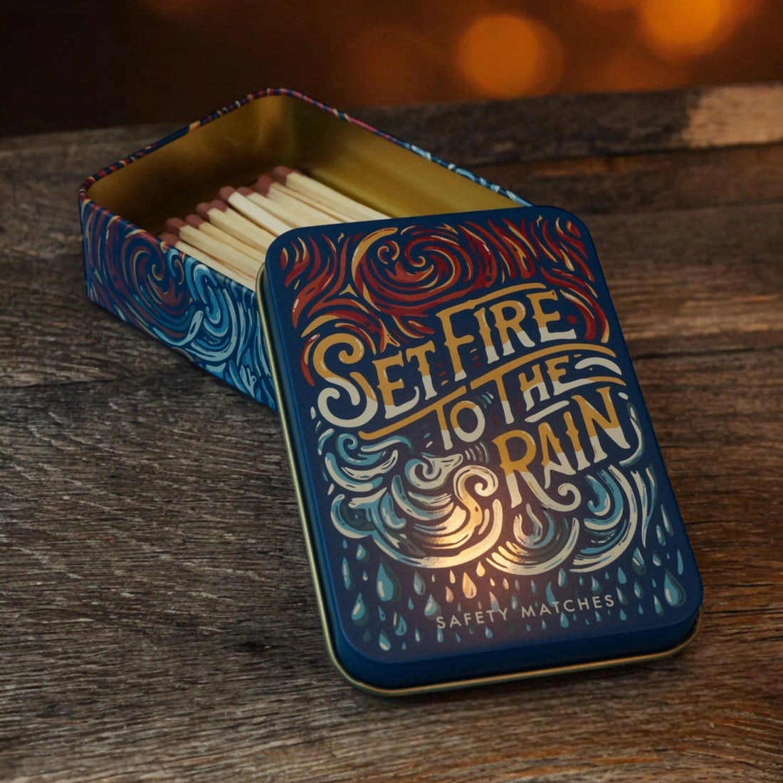 "Set Fire To The Rain " Match Box Tin Open