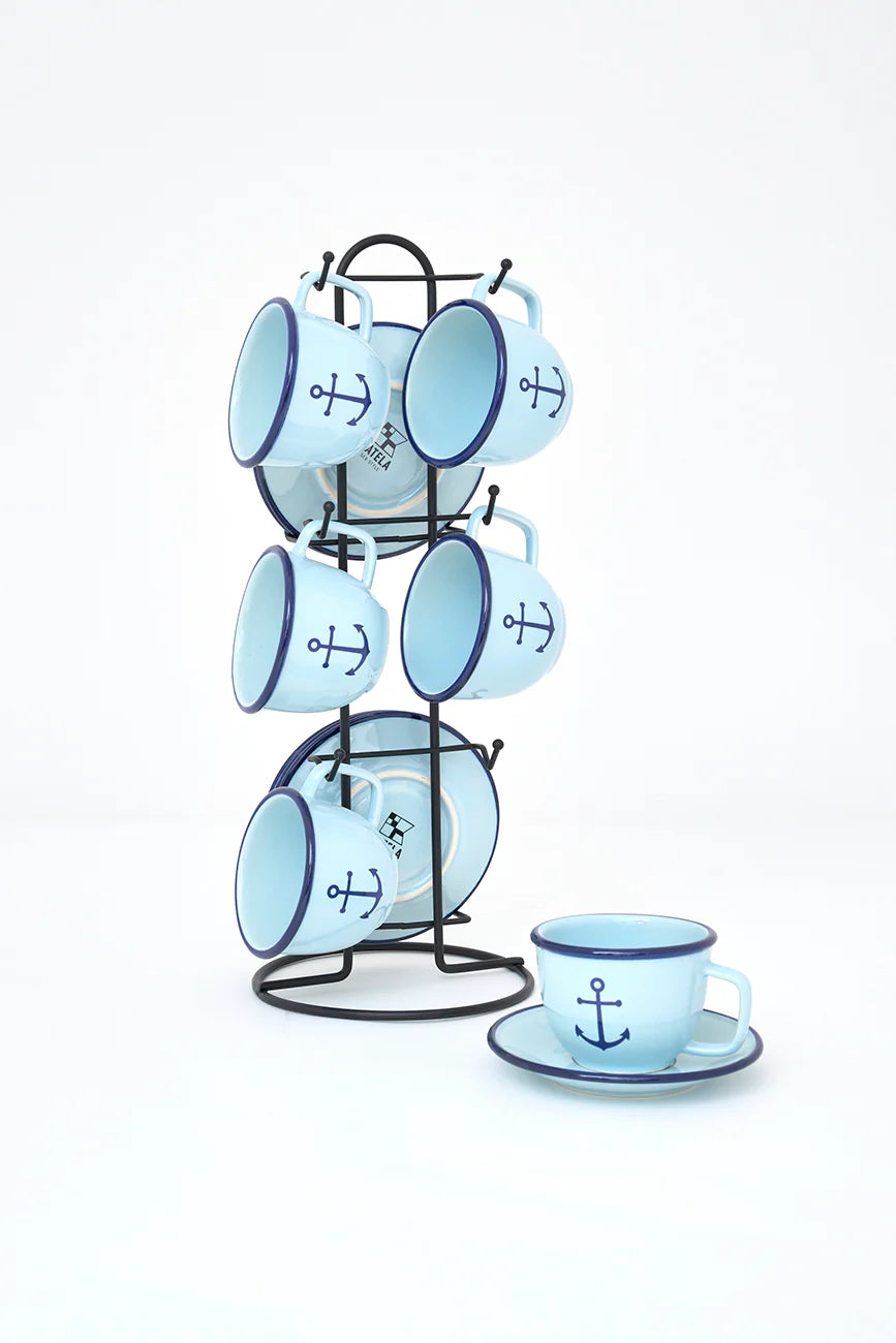 Set of Six Coastal Anchor Cups & Saucers with Stand